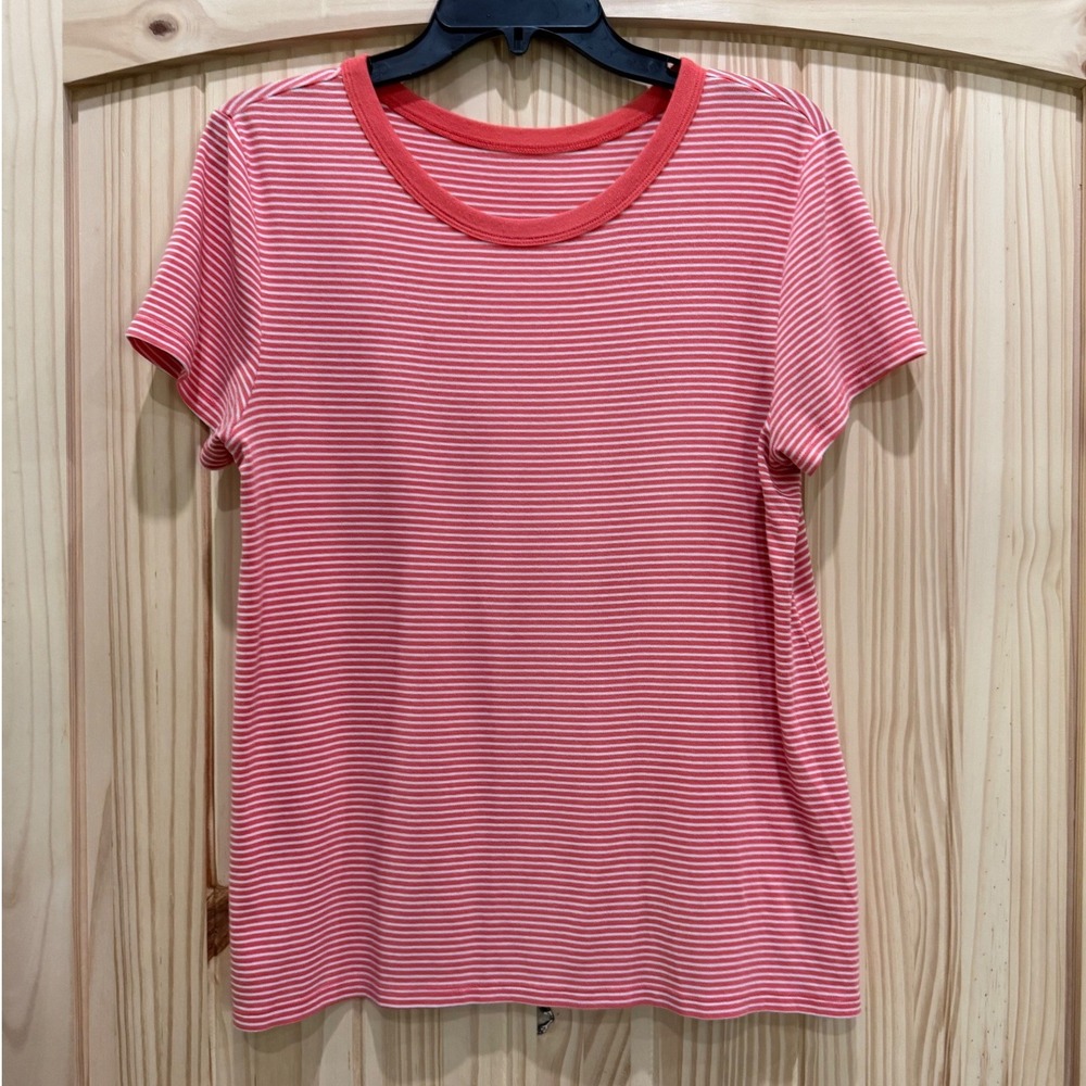 Orange and White Striped Short Sleeve Crew Neck T-Shirt Womens Large